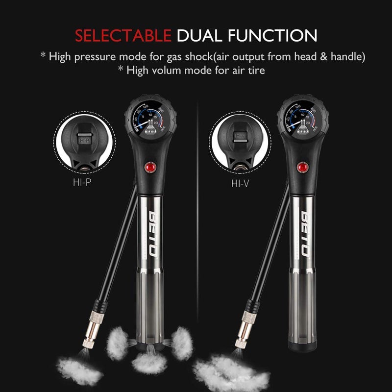 Beto Bike Tire/Shock Pump MTB, 300psi High Pressure for Rear Shock & Suspension Fork, Mountain Bike/Motorcycle, Schrader & Presta Valve Adapter, with Dial-Gauge/Bleed Valve/Mounting Bracket - Image 4